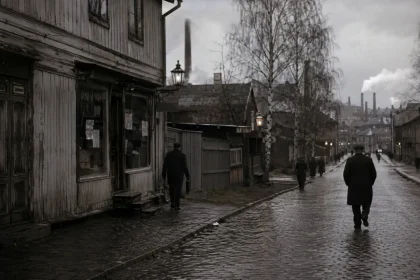 1930-talets Sundsvall med träbyggnader och industrimiljö i skymningsljus