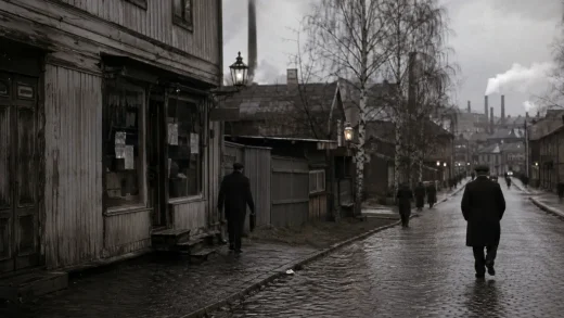 1930-talets Sundsvall med träbyggnader och industrimiljö i skymningsljus