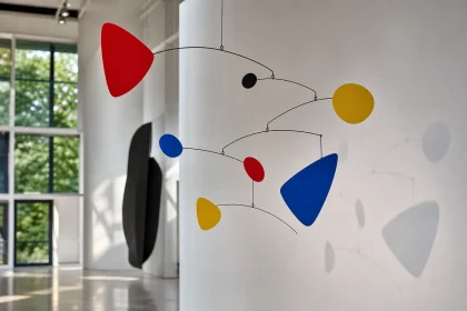 Abstrakt mobil av Alexander Calder hängande i konstgalleri med röda, blå och gula former